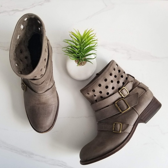 hinge Shoes - Hinge Taupe Buckle Straps Punch Hole Ankle Boots